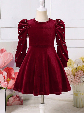 Young Girl Cute Elagant Pearls Details Puff Sleeve VelvetA-Line Dress , Gigot Sleeve Cake Dress