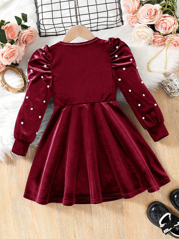 Young Girl Cute Elagant Pearls Details Puff Sleeve VelvetA-Line Dress , Gigot Sleeve Cake Dress