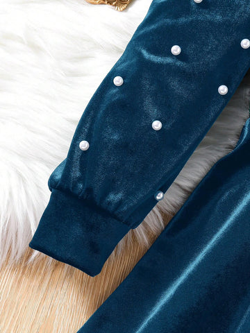 Young Girl Cute Elagant Pearls Details Puff Sleeve VelvetA-Line Dress , Gigot Sleeve Cake Dress