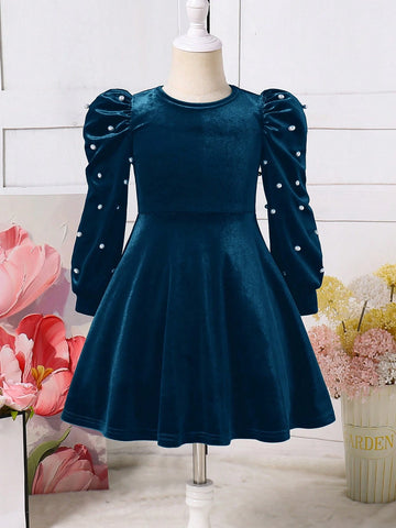 Young Girl Cute Elagant Pearls Details Puff Sleeve VelvetA-Line Dress , Gigot Sleeve Cake Dress
