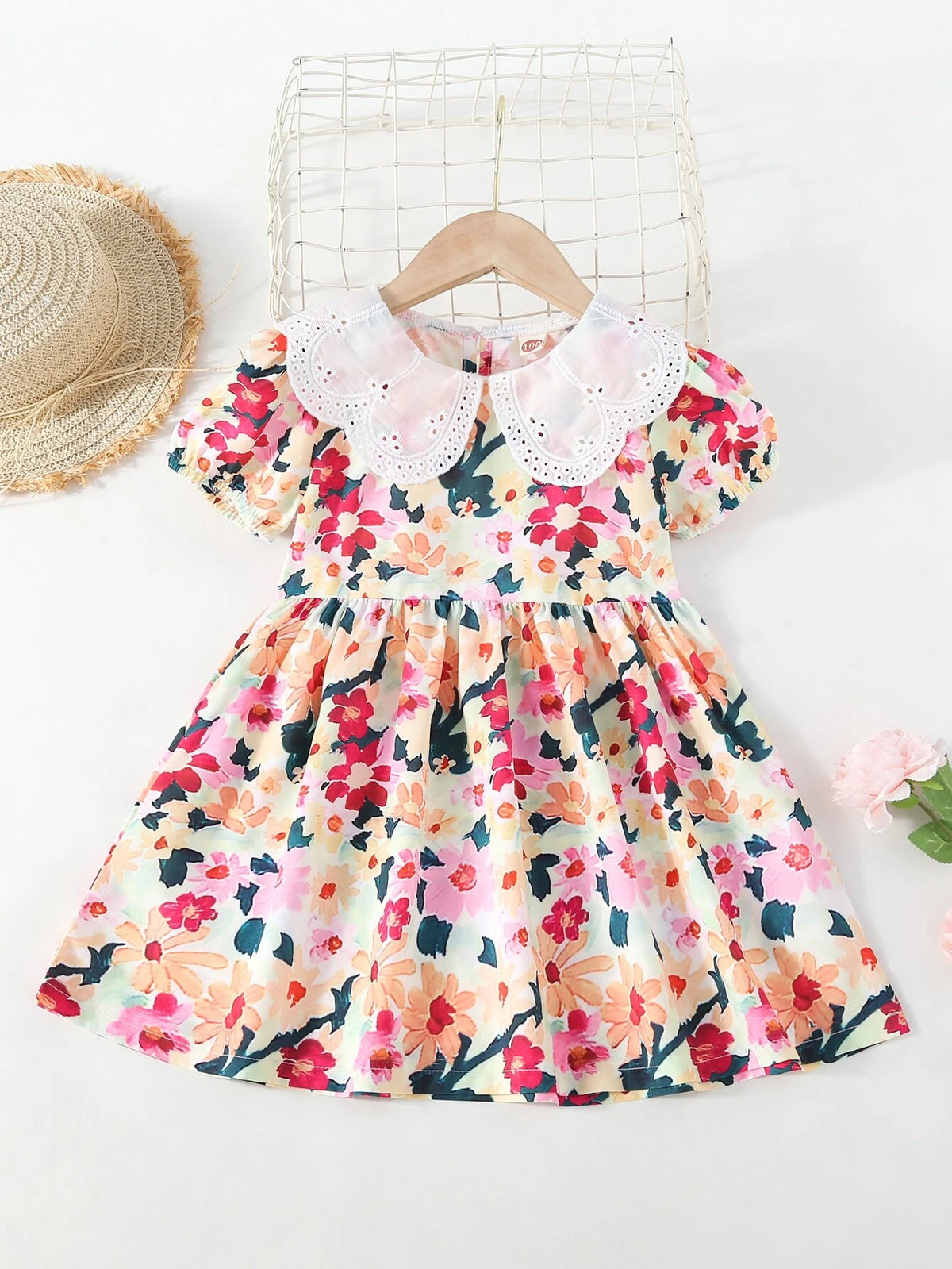 Young Girl Cute Floral Print A-line Dress With Short Sleeves And Doll Collar, Suitable For Summer, Spring And Autumn