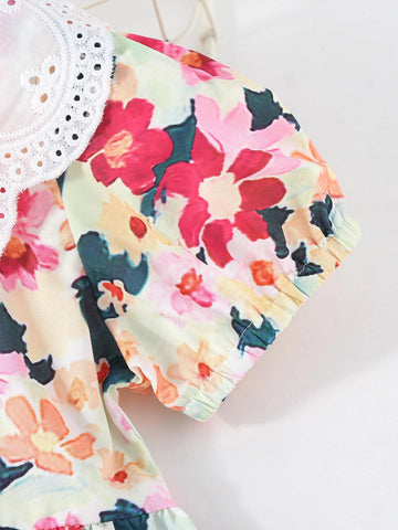 Young Girl Cute Floral Print A-line Dress With Short Sleeves And Doll Collar, Suitable For Summer, Spring And Autumn