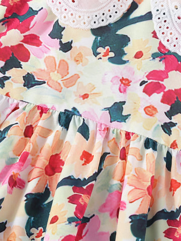 Young Girl Cute Floral Print A-line Dress With Short Sleeves And Doll Collar, Suitable For Summer, Spring And Autumn