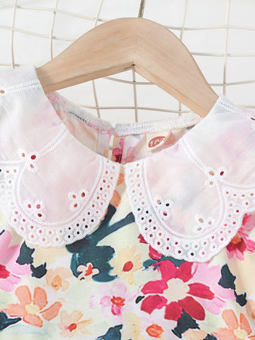 Young Girl Cute Floral Print A-line Dress With Short Sleeves And Doll Collar, Suitable For Summer, Spring And Autumn