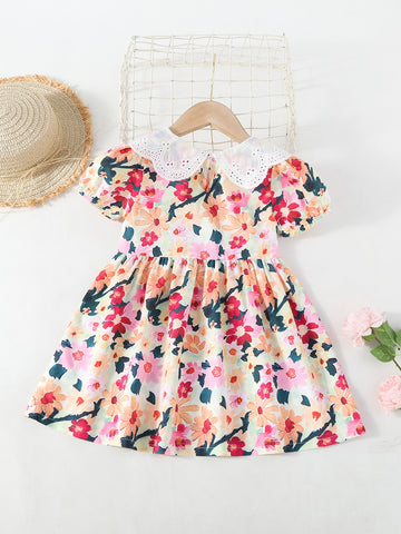 Young Girl Cute Floral Print A-line Dress With Short Sleeves And Doll Collar, Suitable For Summer, Spring And Autumn