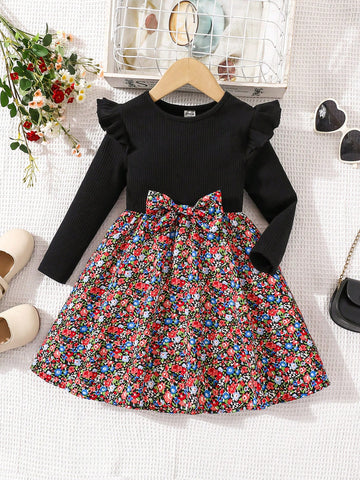 Young Girl Cute Floral Print Ruffle Trim Dress, Great For Casual & Daily Wear & School Daily In Autumn & Winter