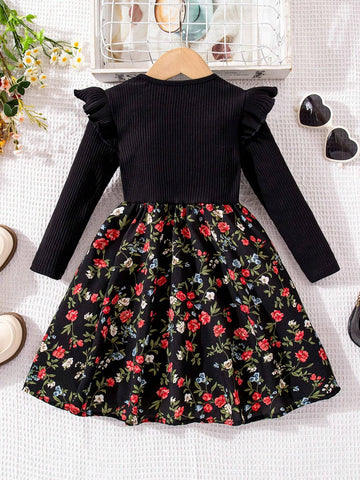 Young Girl Cute Floral Print Ruffle Trim Dress, Great For Casual & Daily Wear & School Daily In Autumn & Winter
