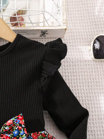 Young Girl Cute Floral Print Ruffle Trim Dress, Great For Casual & Daily Wear & School Daily In Autumn & Winter