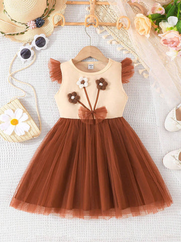 Young Girl Cute Flower Bow Mesh Patchwork Flying Sleeve Dress Summer