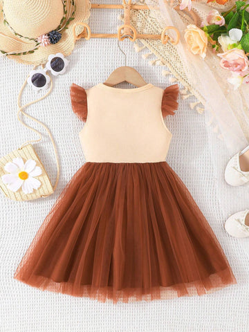 Young Girl Cute Flower Bow Mesh Patchwork Flying Sleeve Dress Summer