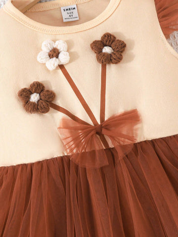 Young Girl Cute Flower Bow Mesh Patchwork Flying Sleeve Dress Summer