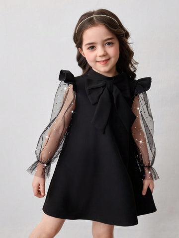Young Girl Cute Fly Sleeve Blingbling Mesh Sleeve 3D Big Bowknot Decoration A-Line Dress