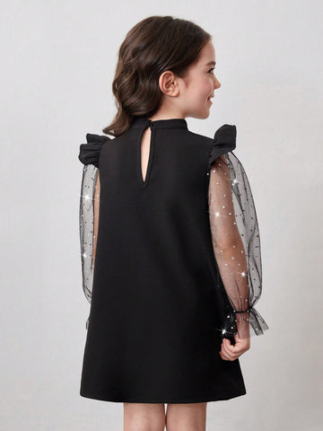 Young Girl Cute Fly Sleeve Blingbling Mesh Sleeve 3D Big Bowknot Decoration A-Line Dress