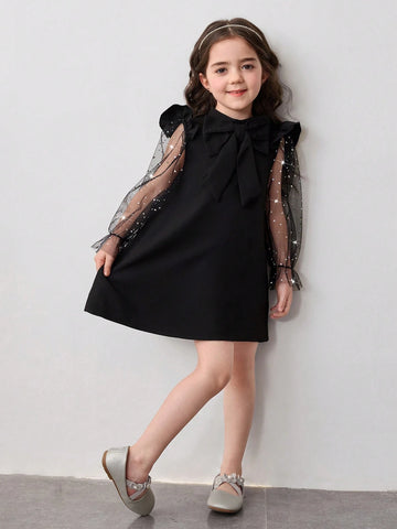 Young Girl Cute Fly Sleeve Blingbling Mesh Sleeve 3D Big Bowknot Decoration A-Line Dress