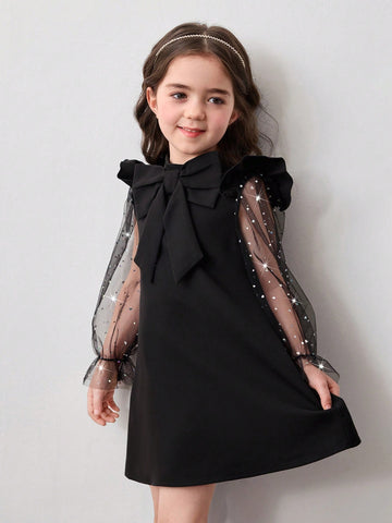 Young Girl Cute Fly Sleeve Blingbling Mesh Sleeve 3D Big Bowknot Decoration A-Line Dress