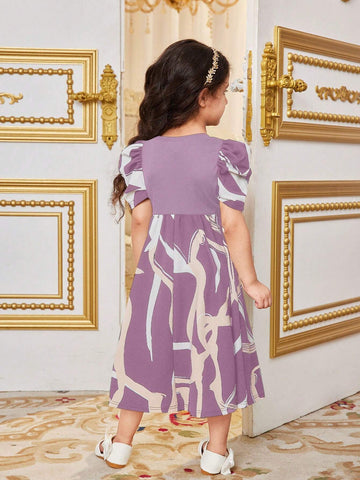 Young Girl Cute Geometric Patchwork Round Neck Short Gigot Sleeve Dress