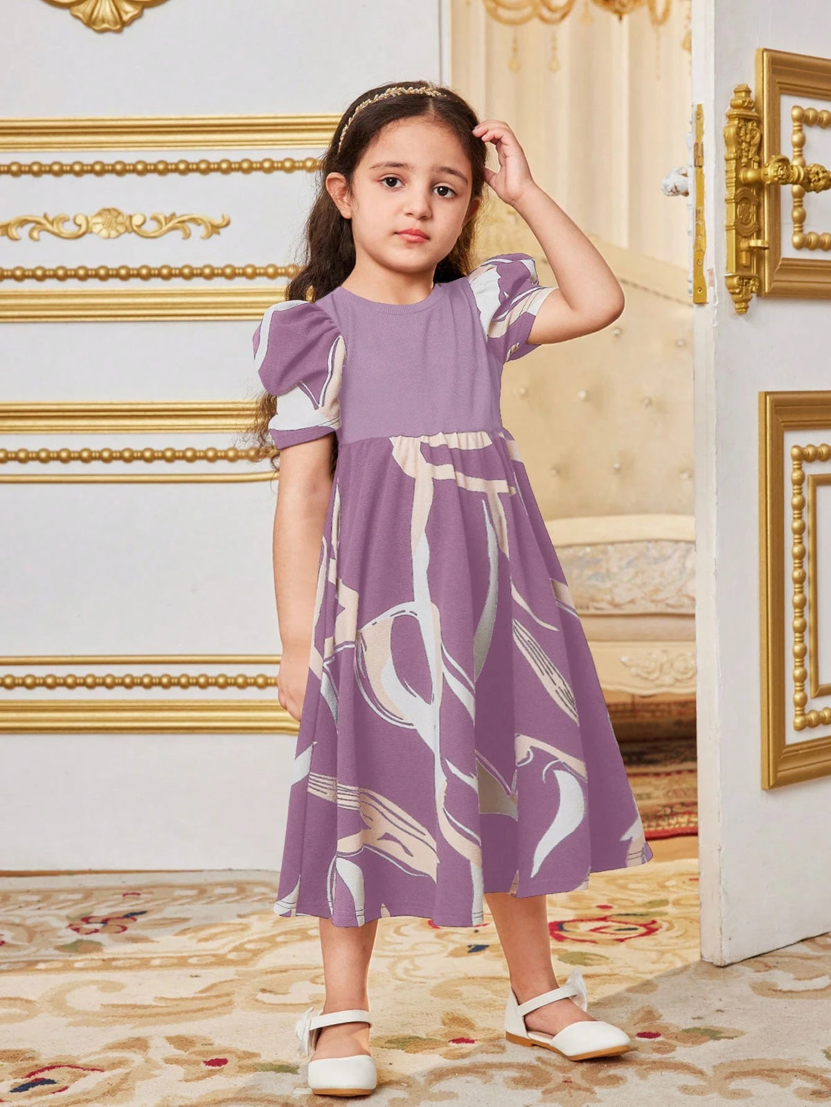 Young Girl Cute Geometric Patchwork Round Neck Short Gigot Sleeve Dress