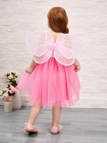 Young Girl Cute Pink 3D ButterFly Wing Shape & Knit Patchwork Mesh Cami Dress