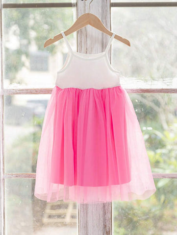 Young Girl Cute Pink 3D ButterFly Wing Shape & Knit Patchwork Mesh Cami Dress