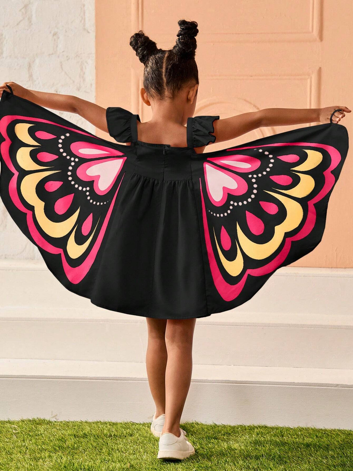 Young Girl Cute Pink 3D Butterfly Shaped Cap Sleeve Dress, Casual & Daily Wear In Summer, For Halloween