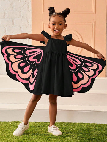 Young Girl Cute Pink 3D Butterfly Shaped Cap Sleeve Dress, Casual & Daily Wear In Summer, For Halloween