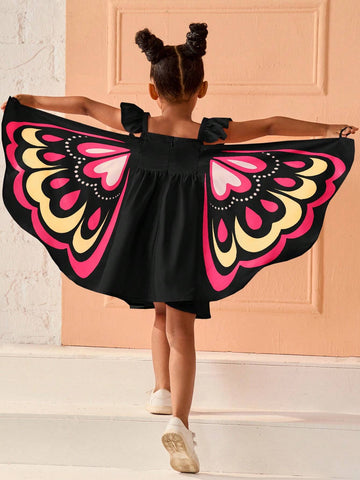 Young Girl Cute Pink 3D Butterfly Shaped Cap Sleeve Dress, Casual & Daily Wear In Summer, For Halloween