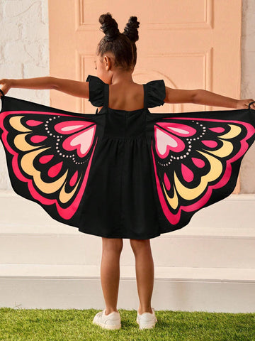 Young Girl Cute Pink 3D Butterfly Shaped Cap Sleeve Dress, Casual & Daily Wear In Summer, For Halloween