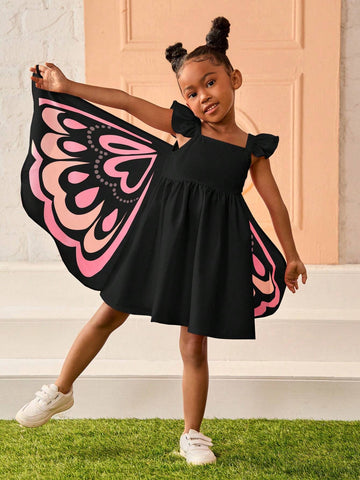 Young Girl Cute Pink 3D Butterfly Shaped Cap Sleeve Dress, Casual & Daily Wear In Summer, For Halloween