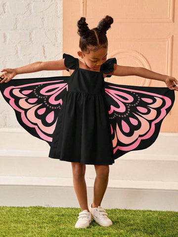 Young Girl Cute Pink 3D Butterfly Shaped Cap Sleeve Dress, Casual & Daily Wear In Summer, For Halloween