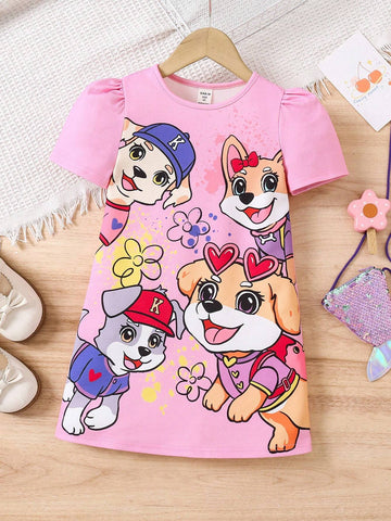 Young Girl Cute Puppy, Floral Print Casual Minimalist Round Neck Dress, Suitable For Spring & Summer