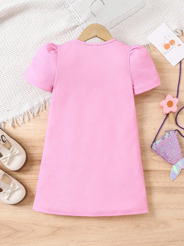 Young Girl Cute Puppy, Floral Print Casual Minimalist Round Neck Dress, Suitable For Spring & Summer