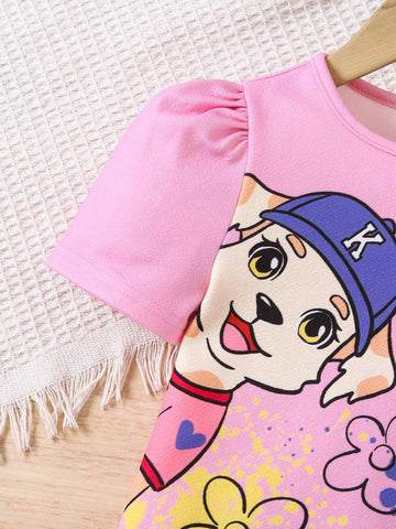 Young Girl Cute Puppy, Floral Print Casual Minimalist Round Neck Dress, Suitable For Spring & Summer
