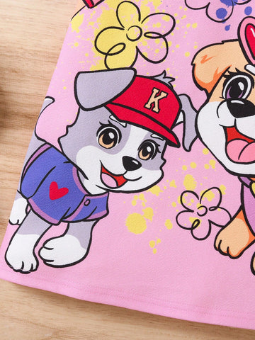 Young Girl Cute Puppy, Floral Print Casual Minimalist Round Neck Dress, Suitable For Spring & Summer
