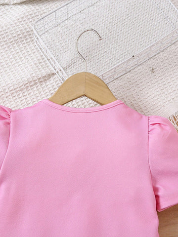 Young Girl Cute Puppy, Floral Print Casual Minimalist Round Neck Dress, Suitable For Spring & Summer
