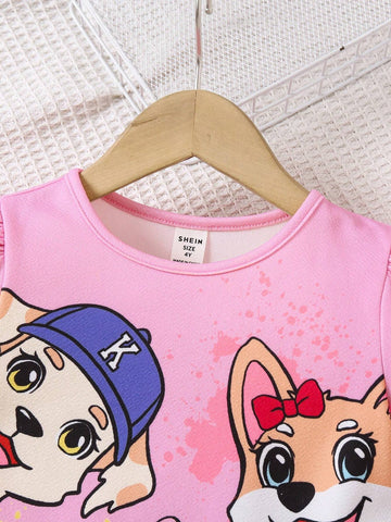 Young Girl Cute Puppy, Floral Print Casual Minimalist Round Neck Dress, Suitable For Spring & Summer