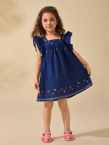 Young Girl Cute Summer Navy Blue Vacation Palm Tree Pattern Ruffled Hem Dress