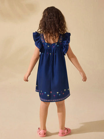Young Girl Cute Summer Navy Blue Vacation Palm Tree Pattern Ruffled Hem Dress