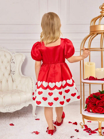 Young Girl Cute Summer Red Patchwork Heart Pattern Short Sleeve Dress