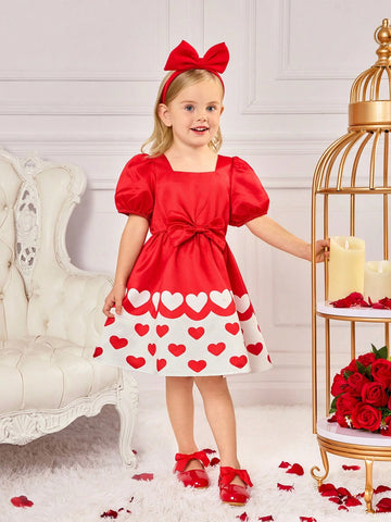 Young Girl Cute Summer Red Patchwork Heart Pattern Short Sleeve Dress