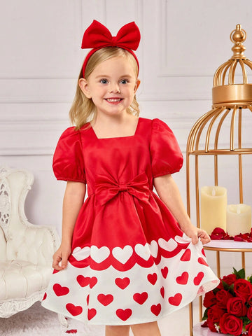 Young Girl Cute Summer Red Patchwork Heart Pattern Short Sleeve Dress