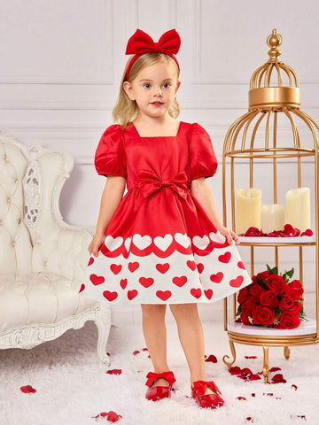 Young Girl Cute Summer Red Patchwork Heart Pattern Short Sleeve Dress