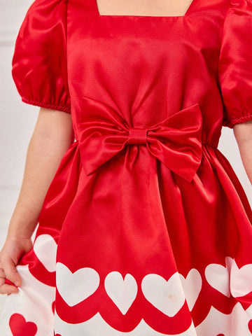 Young Girl Cute Summer Red Patchwork Heart Pattern Short Sleeve Dress