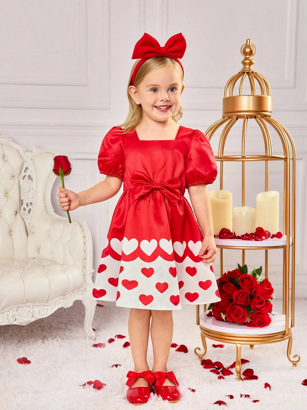 Young Girl Cute Summer Red Patchwork Heart Pattern Short Sleeve Dress