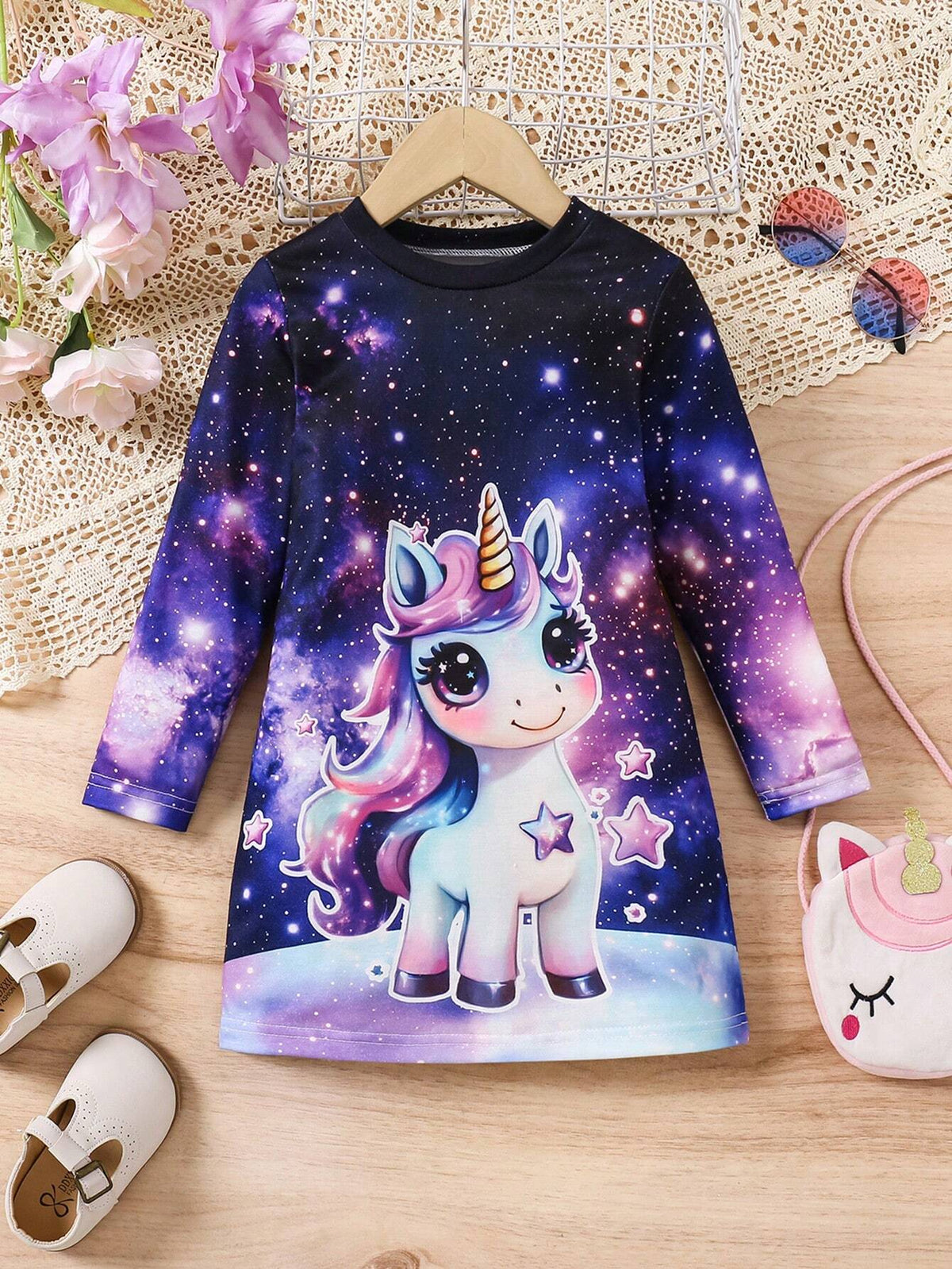Young Girl Cute Unicorn Ombre & Glitter Print Dress