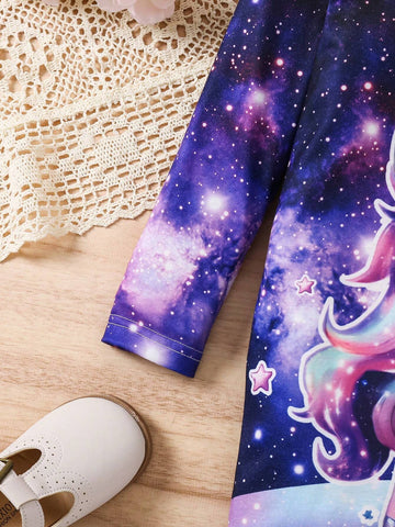 Young Girl Cute Unicorn Ombre & Glitter Print Dress