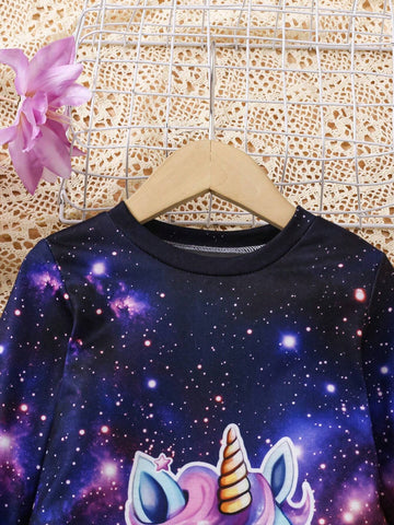Young Girl Cute Unicorn Ombre & Glitter Print Dress