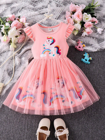 Young Girl Cute Unicorn Printed Mesh Dress With Ruffle Hem For Spring And Autumn