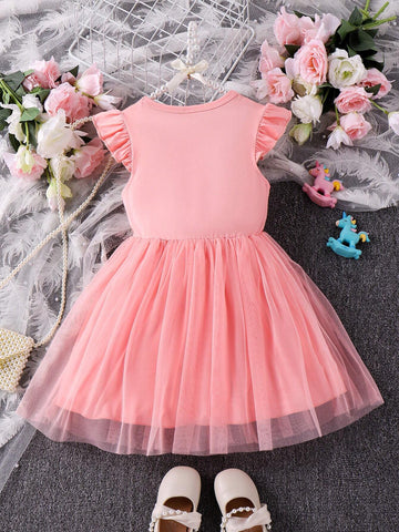 Young Girl Cute Unicorn Printed Mesh Dress With Ruffle Hem For Spring And Autumn