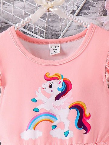 Young Girl Cute Unicorn Printed Mesh Dress With Ruffle Hem For Spring And Autumn