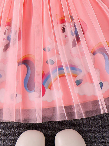 Young Girl Cute Unicorn Printed Mesh Dress With Ruffle Hem For Spring And Autumn